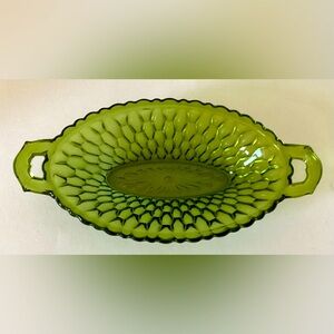 Vintage 1960s Indiana Glass Avocado Green Honeycomb Oval Pickle Dish 2- Handles